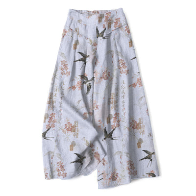 Buddha Stones Cotton Linen Floral Bird Pattern Women's Elastic Waist Wide Leg Pants With Pockets - LightSteelBlue - US16，UK/AU20，EU48 (3XL) - image 7
