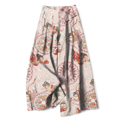 Buddha Stones Cotton Linen Fairy Floral Pattern Women's Elastic Waist Wide Leg Pants With Pockets - LavenderBlush - US16，UK/AU20，EU48 (3XL) - image 0