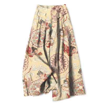 Buddha Stones Cotton Linen Fairy Floral Pattern Women's Elastic Waist Wide Leg Pants With Pockets - PaleGoldenrod - US16，UK/AU20，EU48 (3XL) - image 5