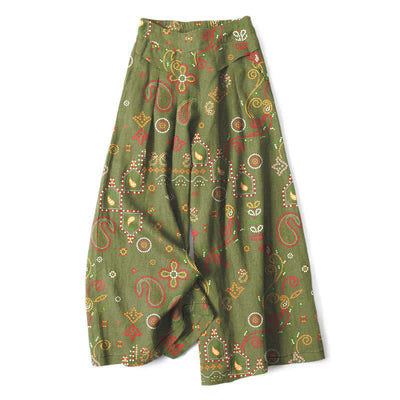 Buddha Stones Cotton Linen Floral Folk-inspired Pattern Women's Elastic Waist Wide Leg Pants With Pockets - OliveDrab - US16，UK/AU20，EU48 (3XL) - image 5