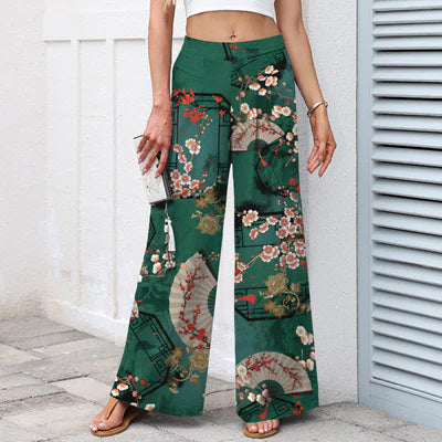 Buddha Stones Cotton Linen Oriental Floral Fan Pattern Women's Elastic Waist Wide Leg Pants With Pockets - image 1