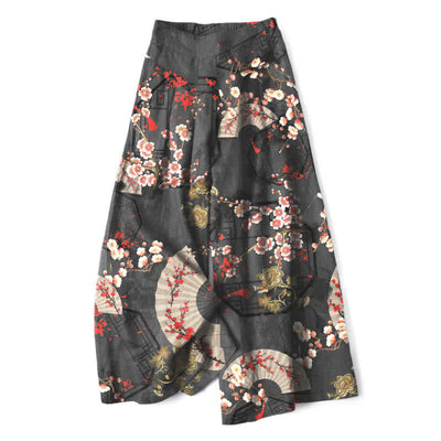 Buddha Stones Cotton Linen Oriental Floral Fan Pattern Women's Elastic Waist Wide Leg Pants With Pockets - DimGray - US16，UK/AU20，EU48 (3XL) - image 7