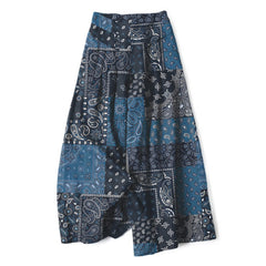 Buddha Stones Cotton Linen Vintage Paisley Patchwork Pattern Women's Elastic Waist Wide Leg Pants With Pockets - Navy - US16，UK/AU20，EU48 (3XL) - image 0