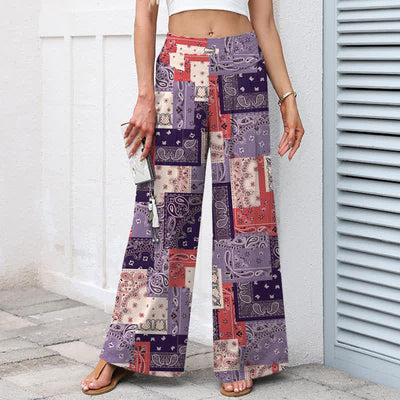 Buddha Stones Cotton Linen Patchwork Paisley Pattern Women's Elastic Waist Wide Leg Pants With Pockets - image 6