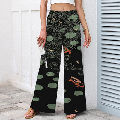 Buddha Stones Cotton Linen Lotus Leaf Koi Fish Ripple Pattern Women's Elastic Waist Wide Leg Pants With Pockets - image 1