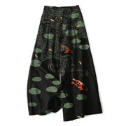 Foviel Baumwolle Leinen Lotus Blatt Koi Fisch Ripple Muster Damen elastische Taille weites Bein Hose mit Taschen