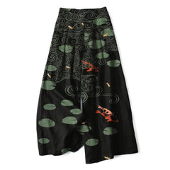 Buddha Stones Cotton Linen Lotus Leaf Koi Fish Ripple Pattern Women's Elastic Waist Wide Leg Pants With Pockets - Black - US16，UK/AU20，EU48 (3XL) - image 0