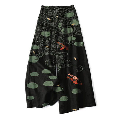 Buddha Stones Cotton Linen Lotus Leaf Koi Fish Ripple Pattern Women's Elastic Waist Wide Leg Pants With Pockets - Black - US16，UK/AU20，EU48 (3XL) - image 0