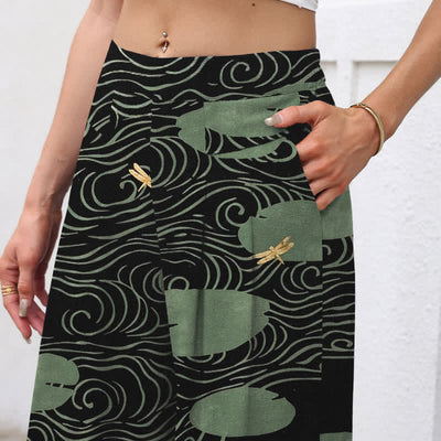 Buddha Stones Cotton Linen Lotus Leaf Koi Fish Ripple Pattern Women's Elastic Waist Wide Leg Pants With Pockets - image 2