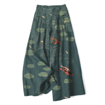 Buddha Stones Cotton Linen Lotus Leaf Koi Fish Ripple Pattern Women's Elastic Waist Wide Leg Pants With Pockets - Teal - US16，UK/AU20，EU48 (3XL) - image 7
