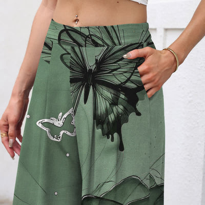 Buddha Stones Cotton Linen Butterfly Floral Pattern Women's Elastic Waist Wide Leg Pants With Pockets - image 2