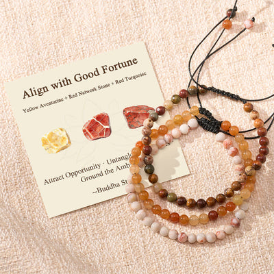 Buddha Stones 3pcs "Align with Good Fortune" Yellow Aventurine Lucky Bracelet Includes Gift Message Card - Yellow Aventurine Red Network Red Turquoise - 6.3–6.7 in (16–17 cm) - image 0