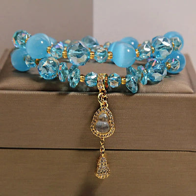 Buddha Stones Cat's Eye Gourd Pendant Double Layer Beaded Bracelet - Blue Cat's Eye - image 12