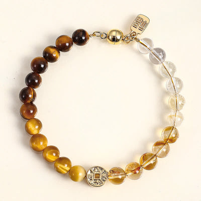 Buddha Stones Tiger Eye Natural Stone Fu Character Copper Coins Happiness Bracelet - Tiger Eye(Confidence ♥ Focus) - image 0