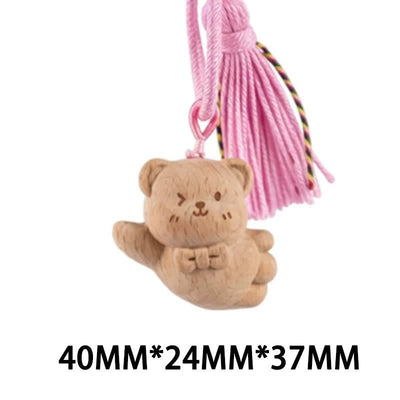Buddha Stones Hand-Carved Light Wood Lucky Cat Tassel Grounding Keychains - Pink Bear - image 34