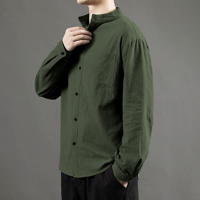 Buddha Stones Men's Long Sleeve Shirt With Pocket Stand Collar Comfort Shirt - image 5