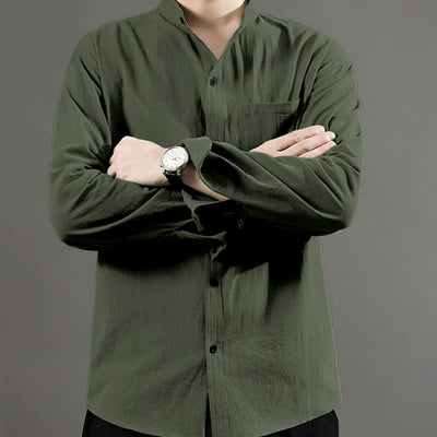 Buddha Stones Men's Long Sleeve Shirt With Pocket Stand Collar Comfort Shirt - image 6