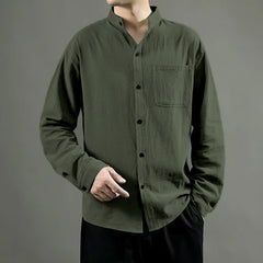 Buddha Stones Men's Long Sleeve Shirt With Pocket Stand Collar Comfort Shirt - OliveDrab - US/UK/AU46，EU56 (5XL) - image 0