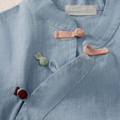 Buddha Stones Casual Plain Slant Stand Collar Collar Colorful Frog-Button Tang Suit Women's Cotton Linen Three Quarter Sleeve Shirt - image 19