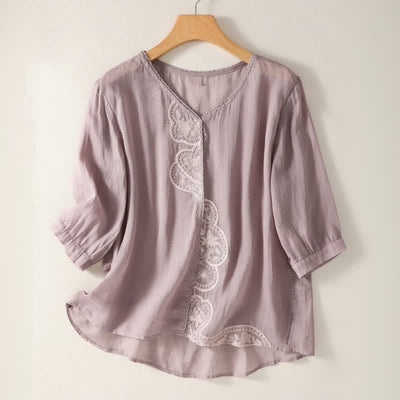 Buddha Stones Casual Embroidered Pattern Women's V-neck Design Half Sleeve T-shirt - Plum - US14，UK/AU18，EU46 (2XL) - image 0