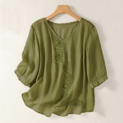 Buddha Stones Casual Embroidered Pattern Women's V-neck Design Half Sleeve T-shirt - YellowGreen - US14，UK/AU18，EU46 (2XL) - image 16