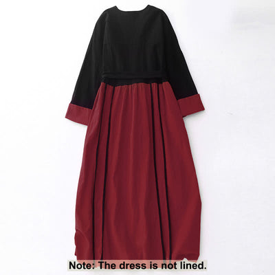 Buddha Stones Color Block Lace-Up Desgin Women's Long Sleeve Midi Dress With Pockets - image 1
