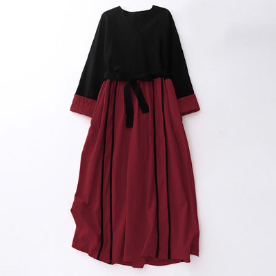 Buddha Stones Color Block Lace-Up Desgin Women's Long Sleeve Midi Dress With Pockets - Crimson - US8-10，UK/AU12-14，EU40-42 (2XL) - image 0