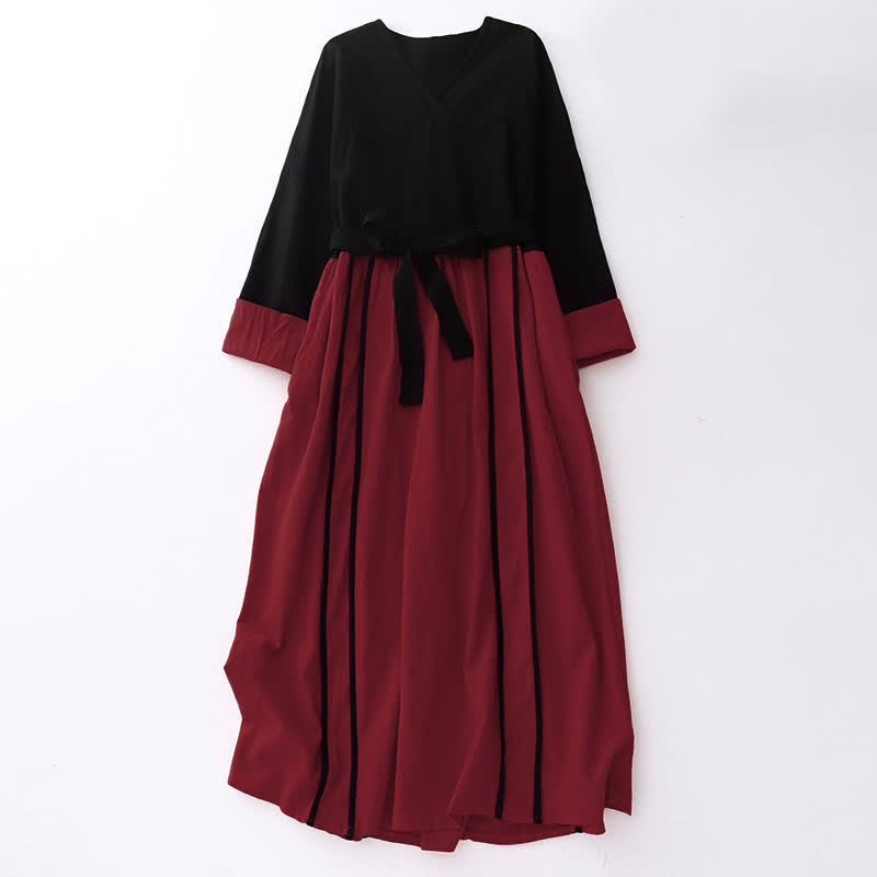 Buddha Stones Color Block Lace-Up Desgin Women's Long Sleeve Midi Dress With Pockets - Crimson - US8-10，UK/AU12-14，EU40-42 (2XL) - image 0