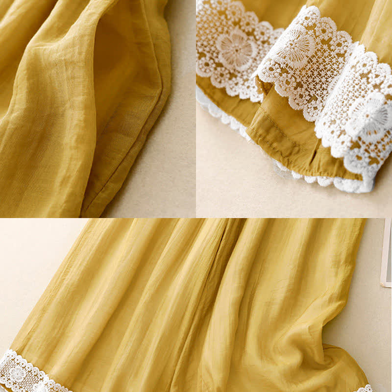 Buddha Stones Spring Vintage Casual Solid Color Lace Patchwork Cuff Women's Cotton Linen Wide Leg Pants With Pockets - image 2