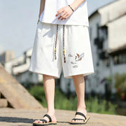 Foviel Summer Casual Tang Style Embroidery Crane Auspicious Clouds Men's Shorts With Pockets