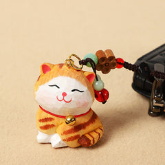 Buddha Stones Carved Wood Cat Om Mani Padme Hum Focus Keychains - Orange Cat - image 0