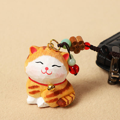 Buddha Stones Carved Wood Cat Om Mani Padme Hum Focus Keychains - Orange Cat - image 0
