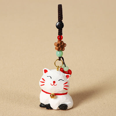 Buddha Stones Carved Wood Cat Om Mani Padme Hum Focus Keychains - White Cat - image 6
