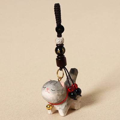 Buddha Stones Carved Wood Cat Om Mani Padme Hum Peace Keychains - Om Mani Padme Hum Gray Cat - image 2