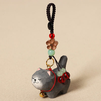 Buddha Stones Carved Wood Cat Om Mani Padme Hum Peace Keychains - Dark Gray Cat - image 11