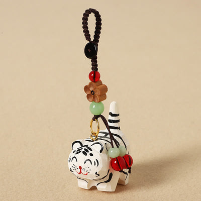 Buddha Stones Carved Wood Tiger Om Mani Padme Hum Focus Keychains - White Tiger - image 4