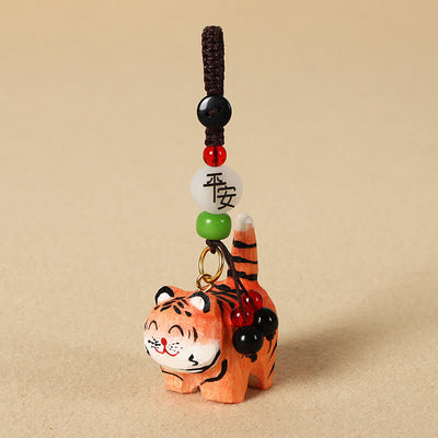 Buddha Stones Carved Wood Tiger Om Mani Padme Hum Focus Keychains - Safe Tiger - image 1