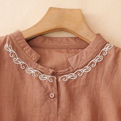 Buddha Stones Summer Casual Elegant Tang Style Vine Embroidery Crew Neck Button-Up Solid Women's Short Sleeve Shirts - image 10