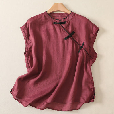 Buddha Stones Summer Tang Style Casual Frog Button Solid Tank Top Women's Sleeveless Shirts - Maroon - US12, UK/AU16, EU44 (2XL) - image 6