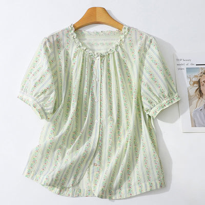 Buddha Stones Summer Casual Elegant Button-Up Floral Striped Crew Neck Women's Short Sleeve Shirts - Beige - US12, UK/AU16, EU44 (2XL) - image 19