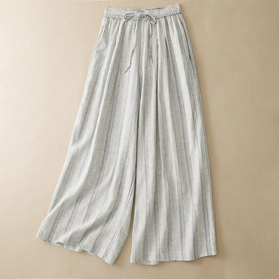 Buddha Stones Summer Casual Minimalist Drawstring Striped Long Pants Women's Wide Leg Pants With Pocket - Linen - US8-10, UK/AU12-14, EU40-42 (2XL) - image 7