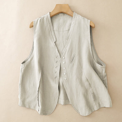 Buddha Stones Summer Casual Minimalist V-Neck Button-Up Solid Tank Top Women's Sleeveless Shirts - image 1