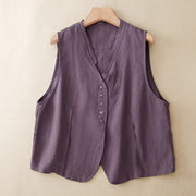 Foviel Summer Casual Minimalist V-Neck Button-Up Solid Tank Top Women's Sleeveless Shirts