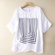 Foviel Casual Line Printing Pattern Kurzarm Baumwolle Leinen Damen T-Shirt
