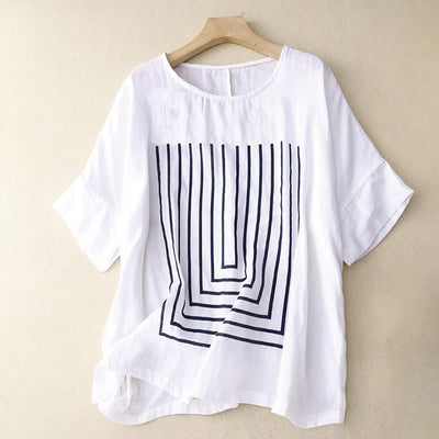 Buddha Stones Casual Line Printing Pattern Short Sleeve Cotton Linen Women's T-Shirt - White - US12，UK/AU16，EU44 (2XL) - image 11