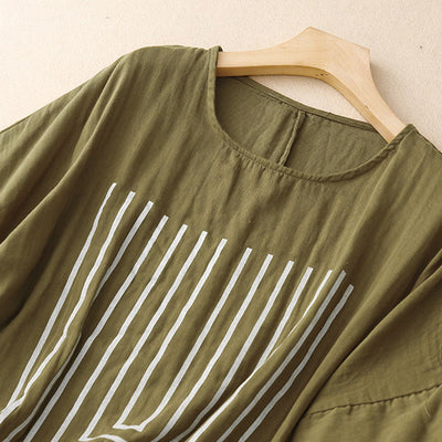 Buddha Stones Casual Line Printing Pattern Short Sleeve Cotton Linen Women's T-Shirt - image 2