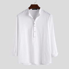 Buddha Stones Solid Color Half Buttons Long Sleeve Cotton Men's Shirts - White - US/UK/AU42，EU52 (3XL) - image 0