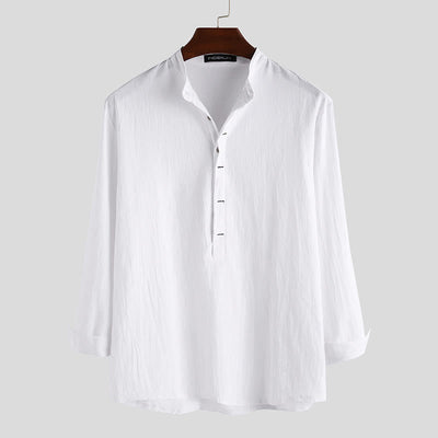 Buddha Stones Solid Color Half Buttons Long Sleeve Cotton Men's Shirts - White - US/UK/AU42，EU52 (3XL) - image 0