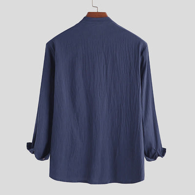 Buddha Stones Solid Color Half Buttons Long Sleeve Cotton Men's Shirts - image 5