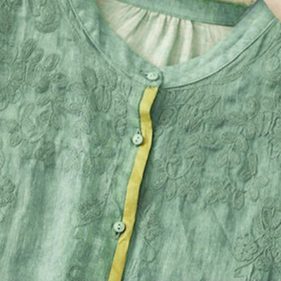 Buddha Stones Summer Casual Embroidered Stand Collar Design Three Quarter Sleeve Midi Dress - image 1